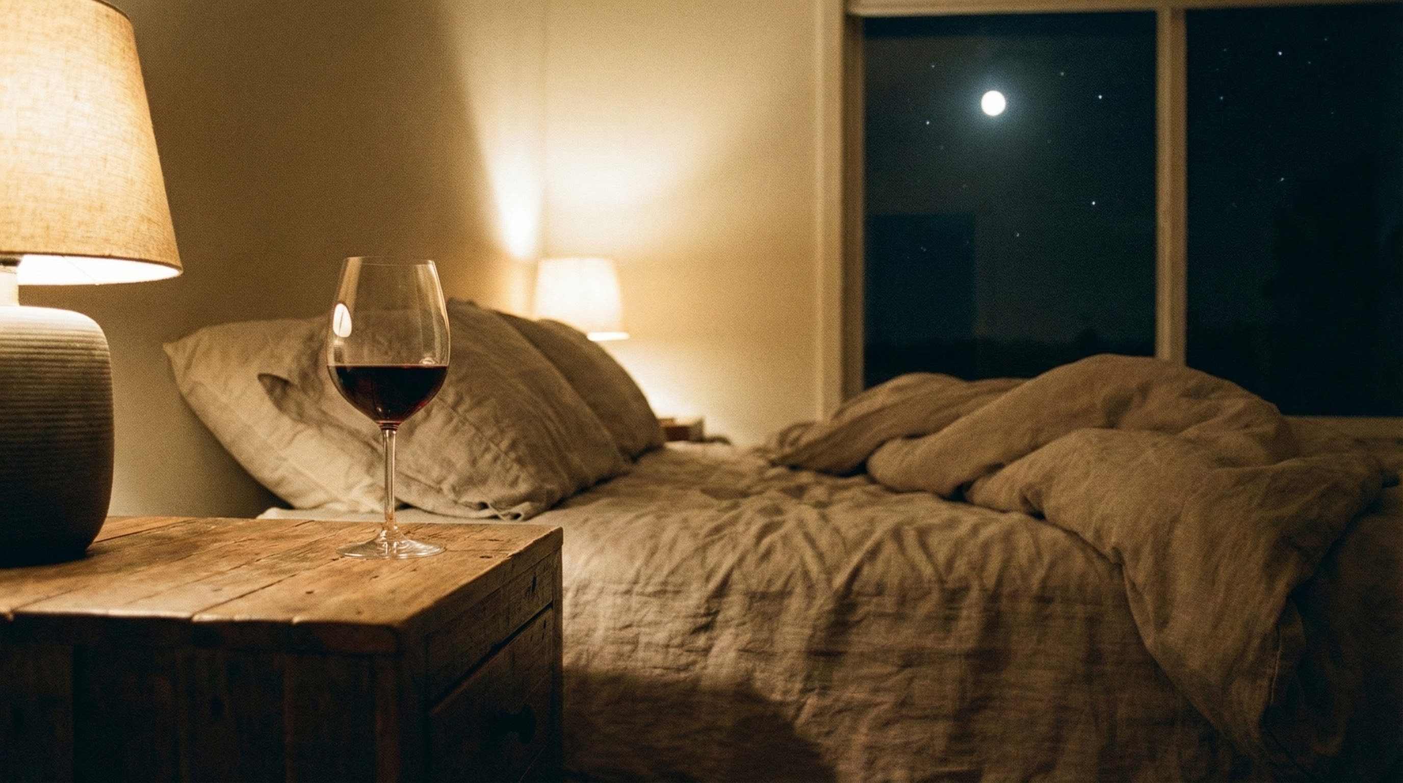 Wine glass next to bed in evening setting