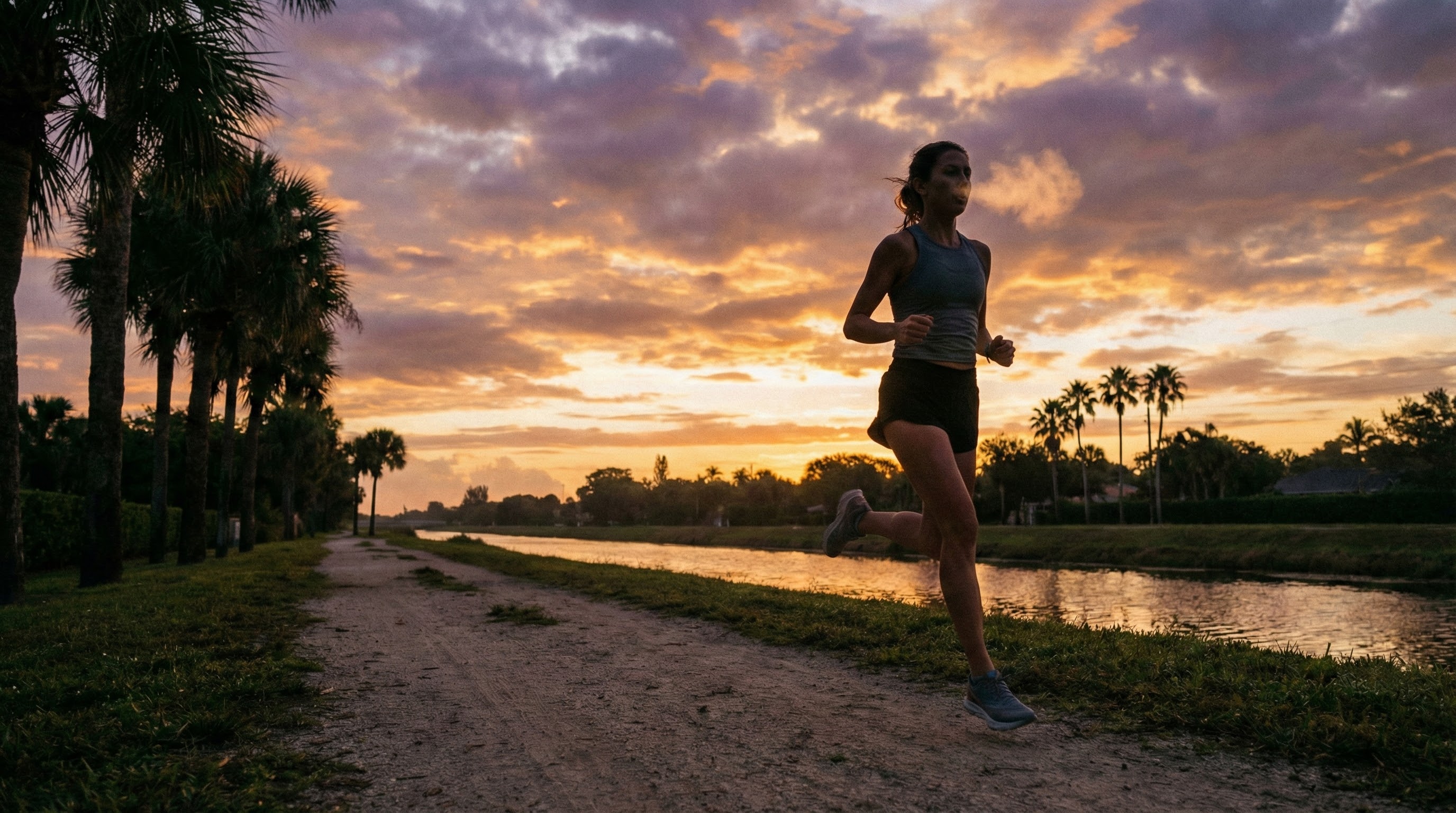 Person exercising at dusk with sunset in background