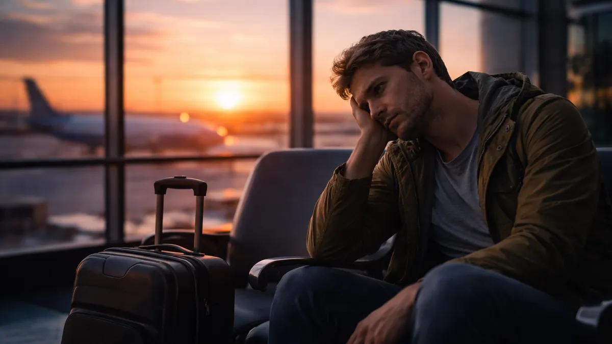 Traveler looking tired at airport terminal