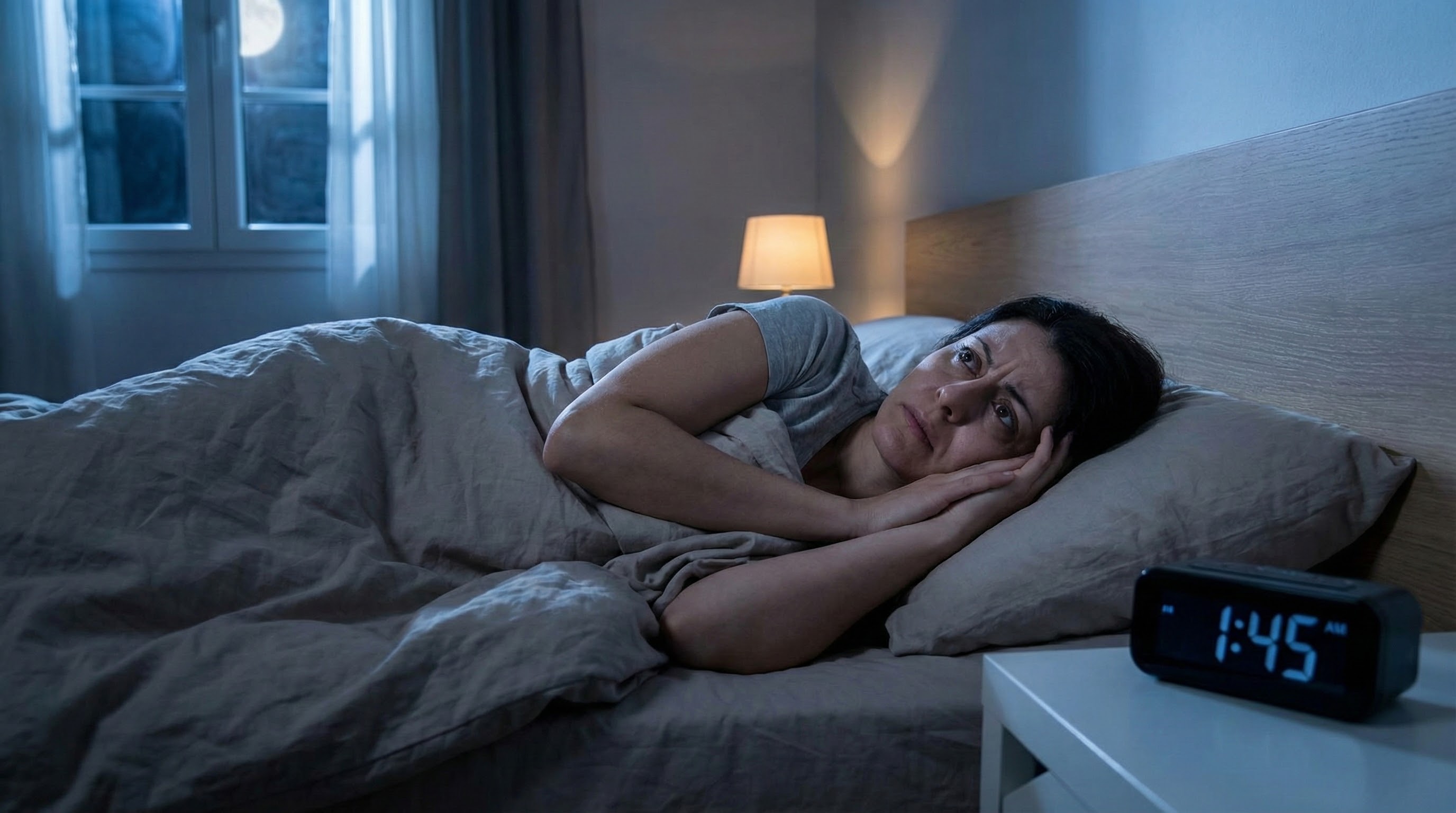 Person liegt nachts wach im Bett und sieht gestresst aus