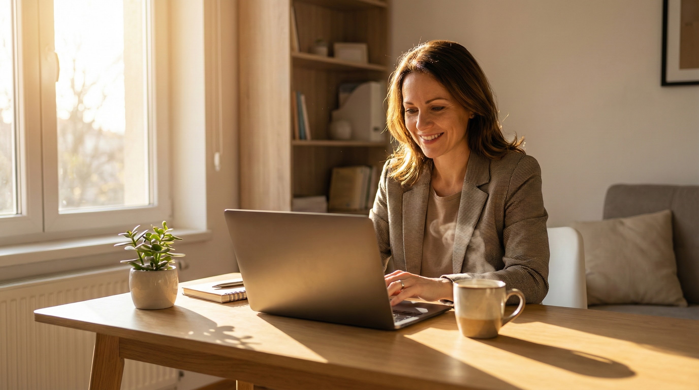 Refreshed professional at desk in morning light