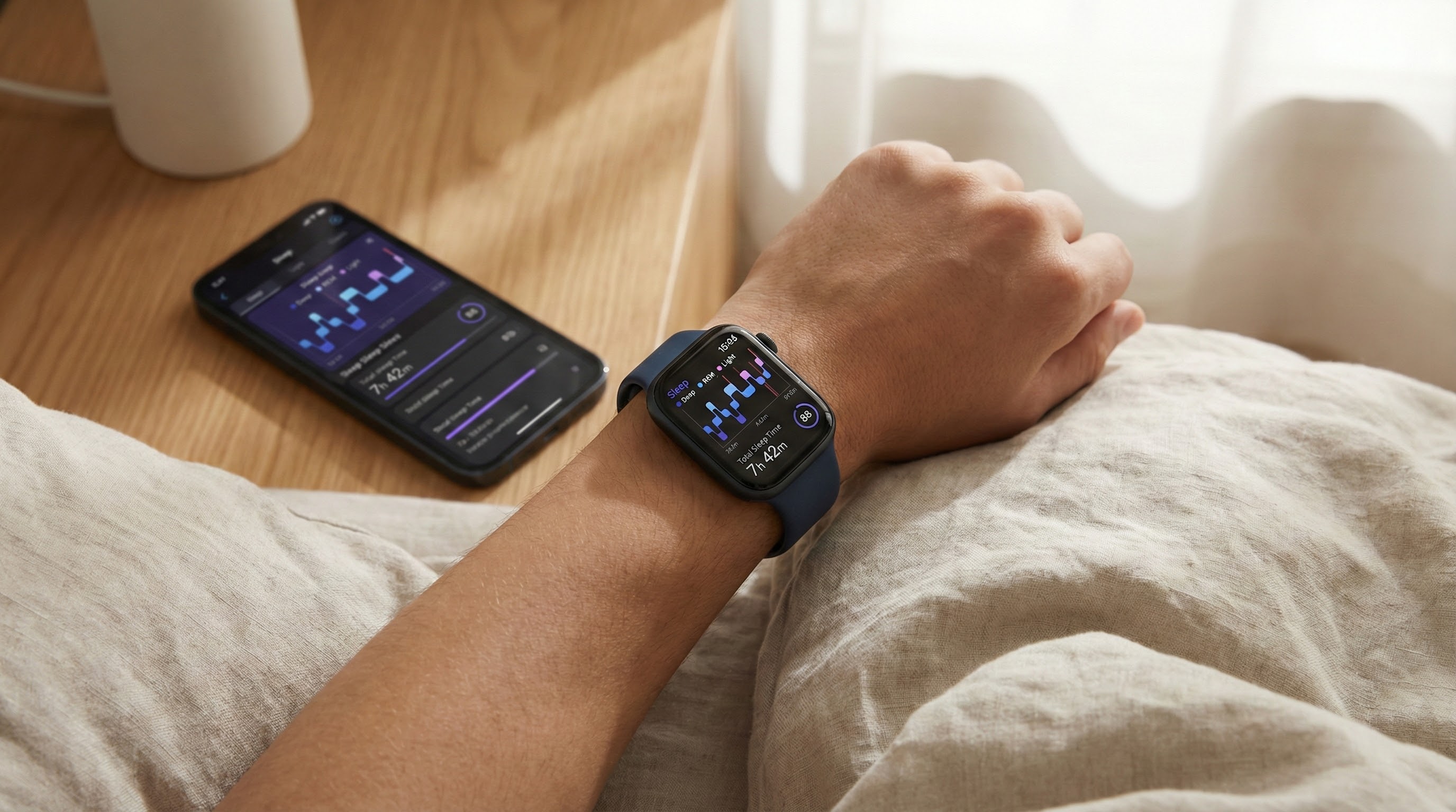 Smartwatch zeigt Schlafdaten am Handgelenk